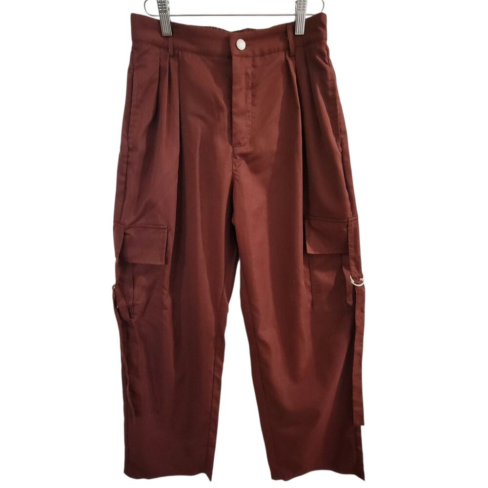 Women’s Burgundy Cargo Pants Size M Pleated Utility Strap Y2K Streetwear